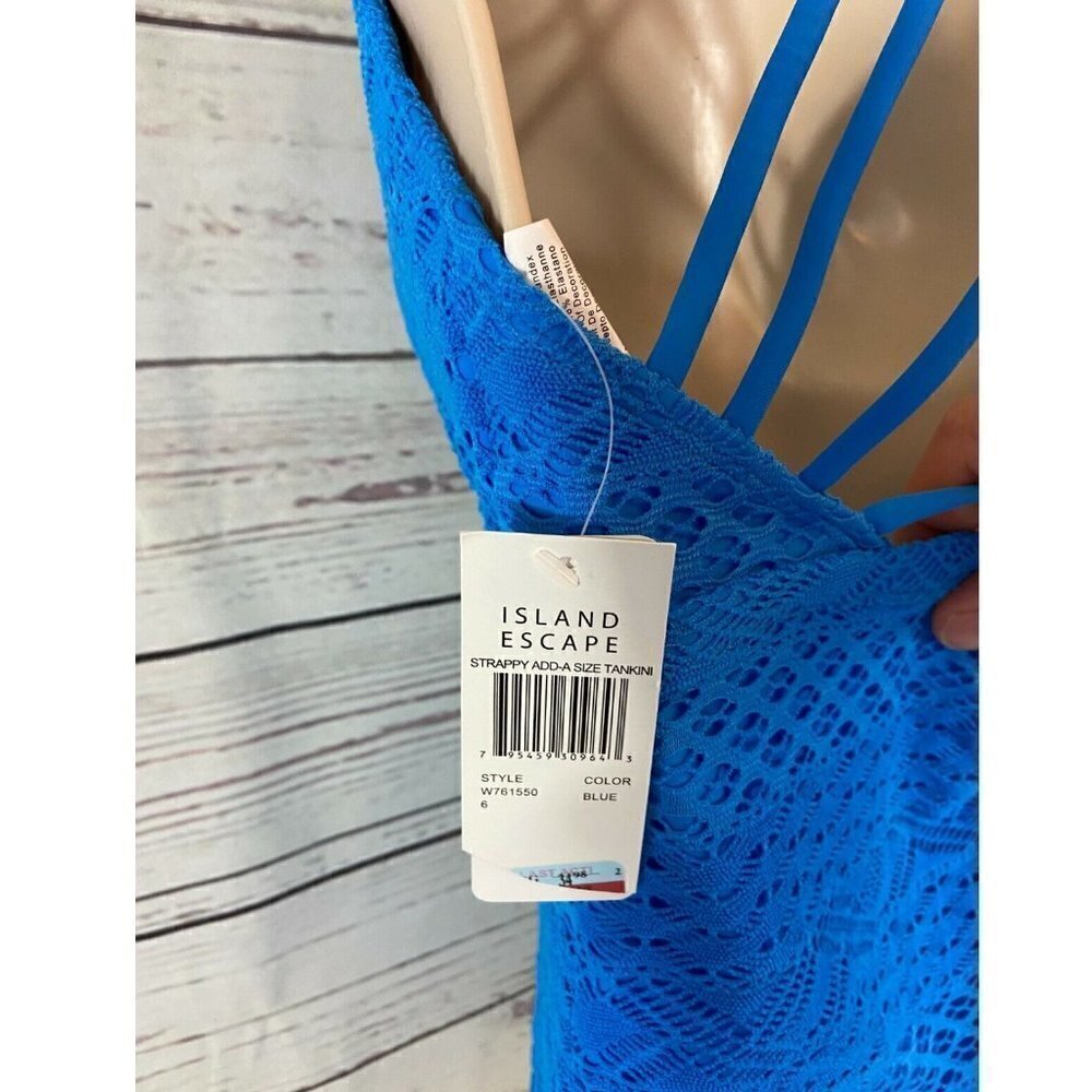 Island Escape Women's Swimsuit Crochet Strappy Tankini Top Blue Size 6 NWT - Picture 4 of 6